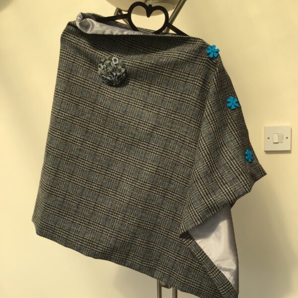 Grey and Blue Check Tweed Cape Poncho