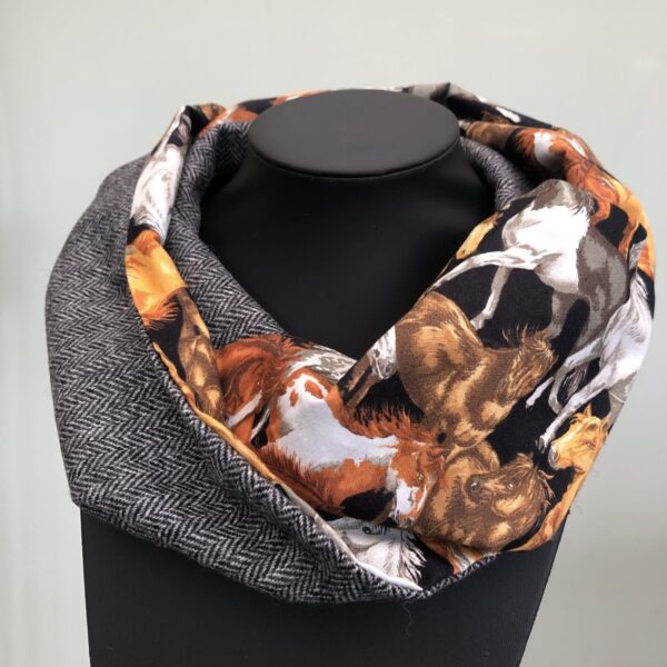Grey Herringbone Tweed Infinity Scarf with Horse Lining