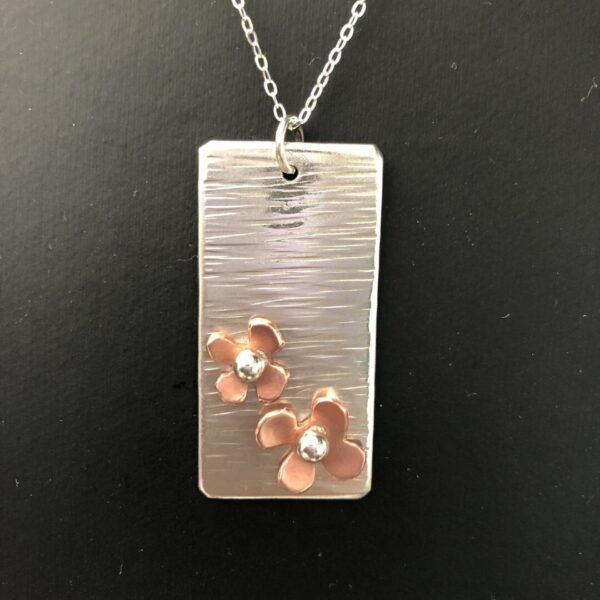 Sterling Silver Hammered Rectangle Pendant with Copper Flowers