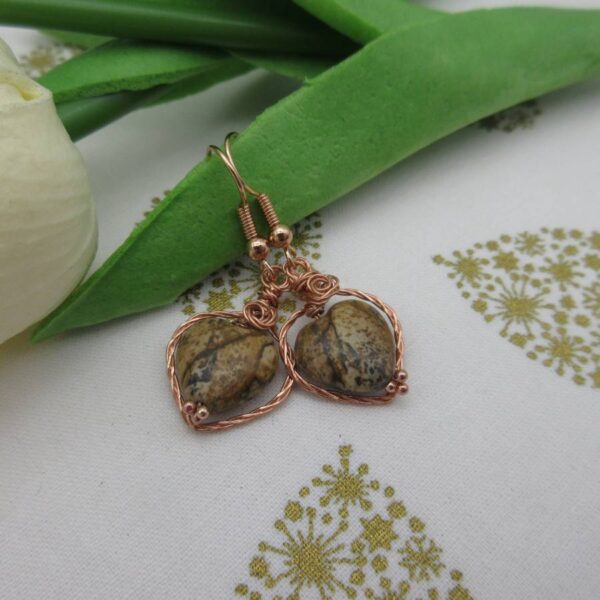 Woodland Jasper Heart Rose Gold Plated Earrings