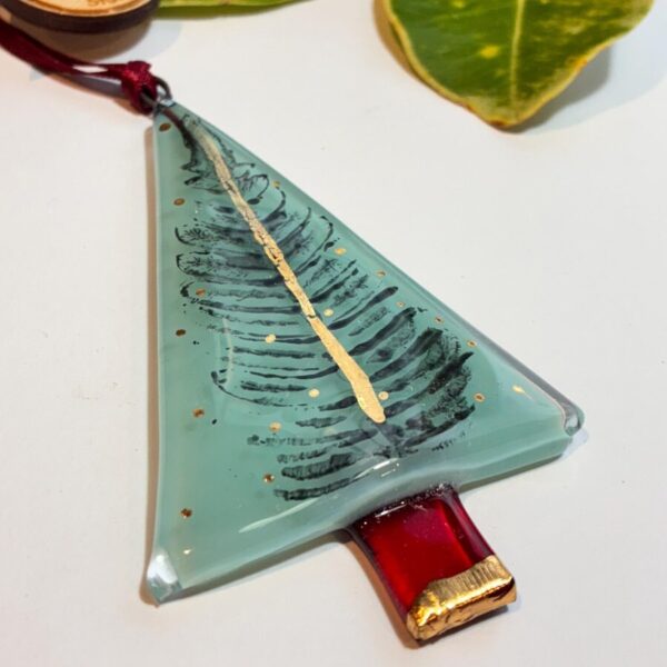 Fused Glass Teal Tree Decoration with Fern Leaf Print
