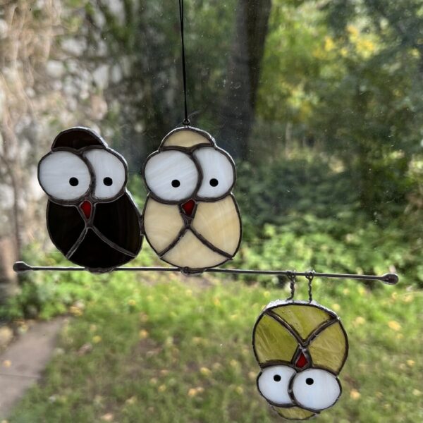 Three Crazy Owls Suncatcher Black, Cream & Green