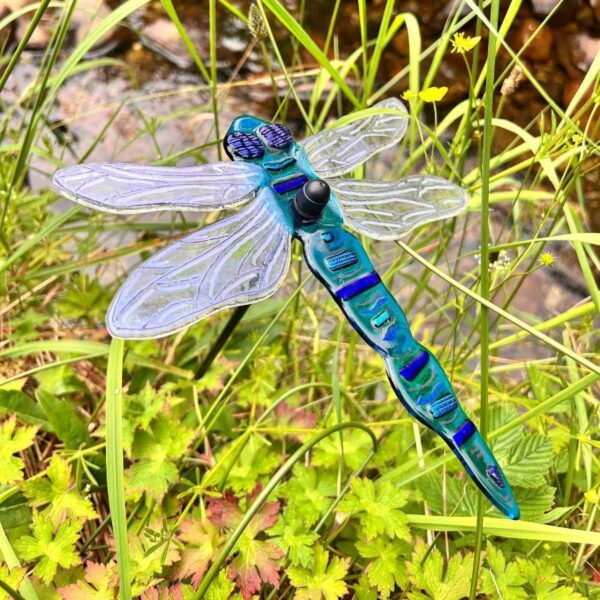 Fused Glass Turquoise Blue Dragonfly Garden Stake