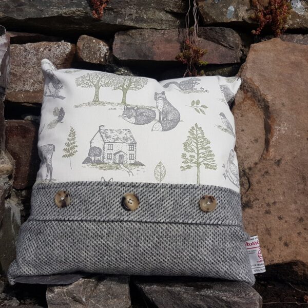 Grey Harris Tweed Cushion with Woodland Panel