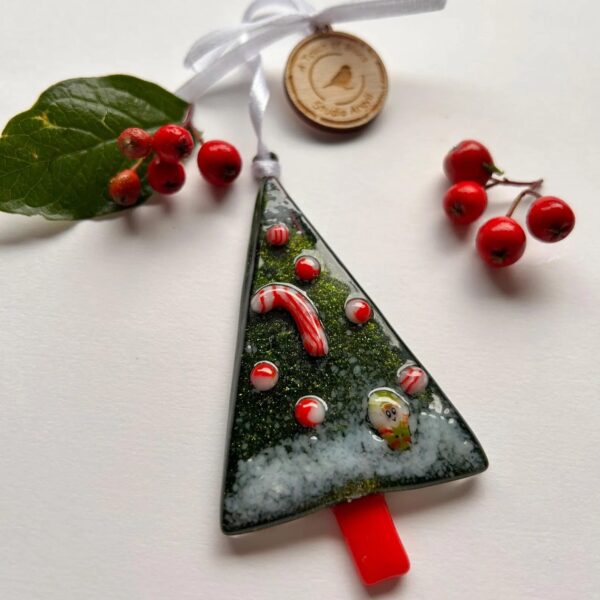 Fused Glass Christmas Tree Decoration With Candy Cane - No Box