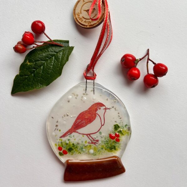 Fused Glass Copper Robin Snow Globe