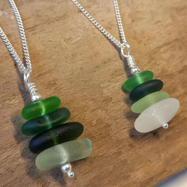 Green Sea Glass Stacker Sterling Silver Necklace - 18" Curb Chain Bag