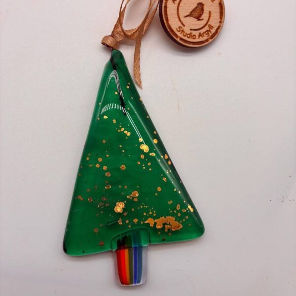 Fused Glass Green Tree Decoration with Rainbow Trunk