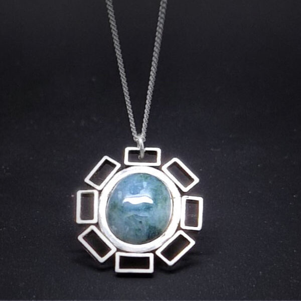 Moss Agate in Castellated Silver Necklace