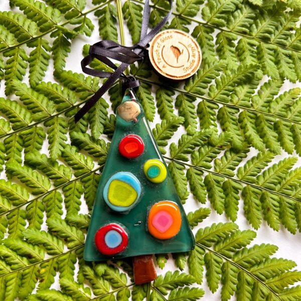Fused Glass Jade Christmas Tree Decoration With Retro Spots - No Box