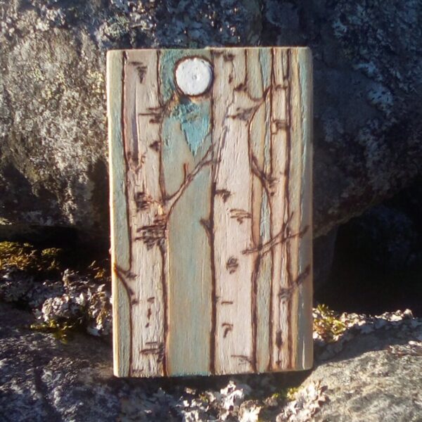 Fire Drawn Moonlit Birch Trees on Wood