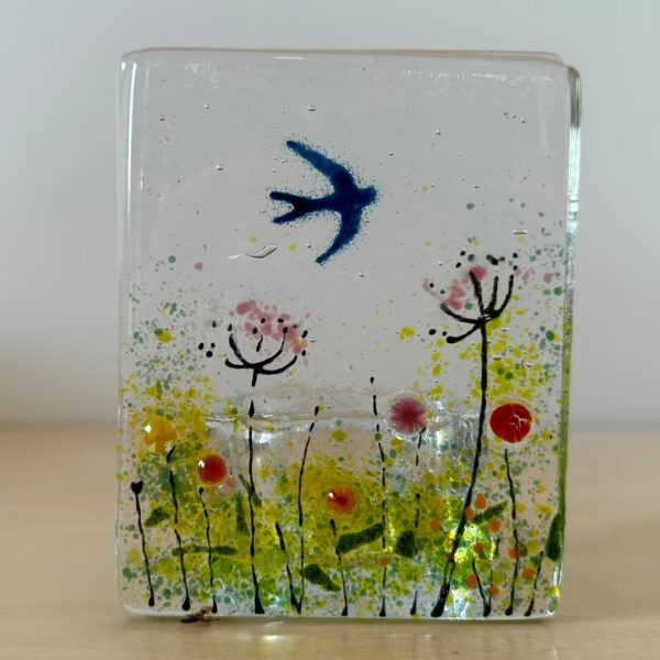 Fused Glass Wildflower and Swallows Candle Holder