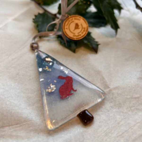 Fused Glass Christmas Tree with Moon Gazing Hare Decoration - No Box