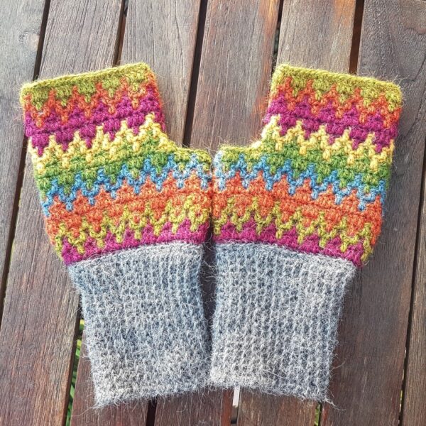 Multicoloured Mittens with Light Grey Cuff