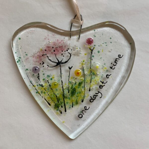 Fused Glass "One Day at a Time" Heart Decoration - No box