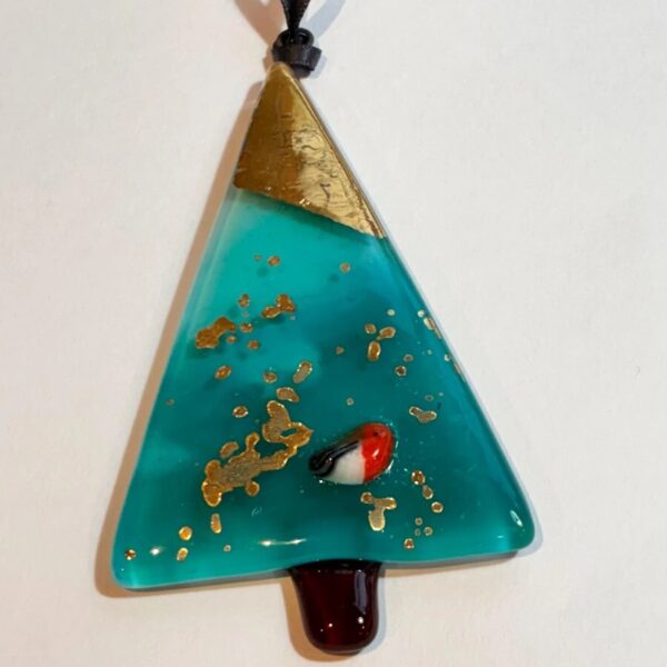Fused Glass Peacock Blue Christmas Tree Decoration with Robin - No Box