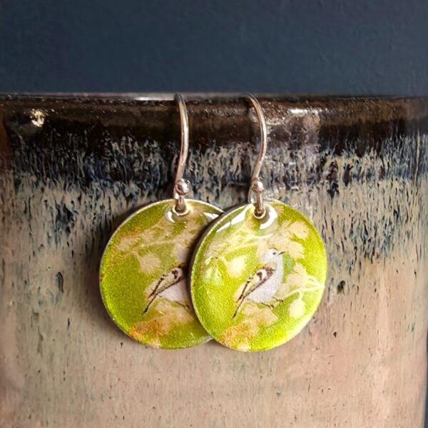Goldcrest in Pine Dinky Drop Disc Earrings