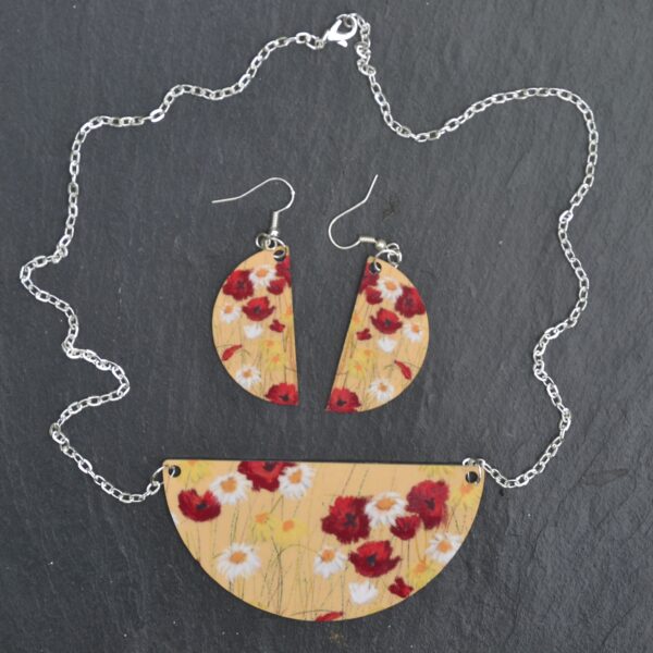 Poppies and Daisies on Yellow Pendant & Earrings