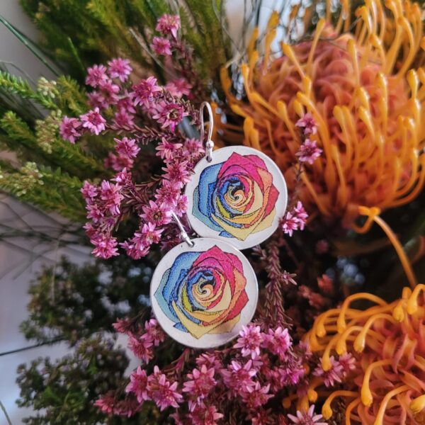 Rainbow Rose Disk Earrings