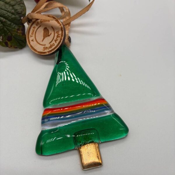 Fused Glass Green Tree Decoration with Rainbow Stripe