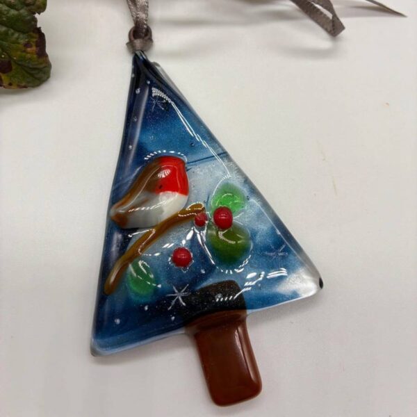 Fused Glass Blue Snow Tree Decoration with Robin