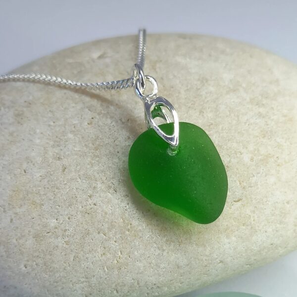 Green Sea Glass Necklace Leaf Bail - Pendant only