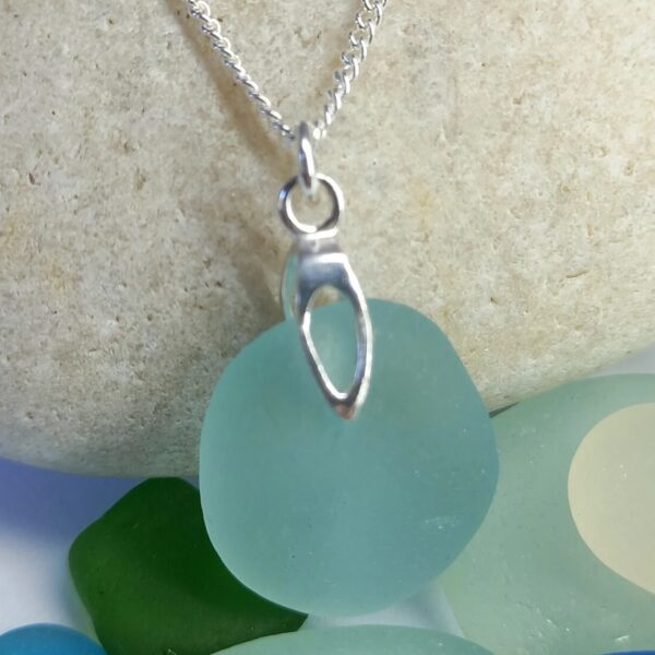 Aqua Sea Glass Necklace Leaf Bail - Pendant only