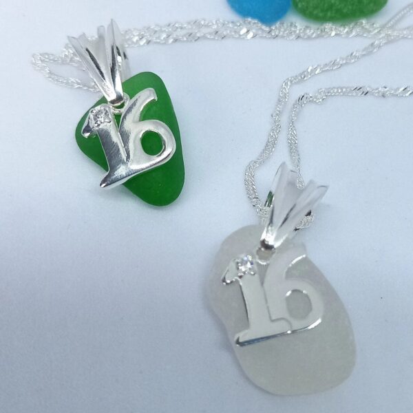 Sterling Silver Clear Sea Glass 16th Charm Necklace - green