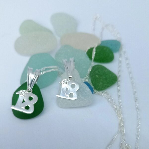 Sterling Silver Clear Sea Glass 18th Charm Necklace - green