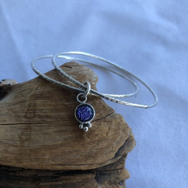 Double Silver Bangle with Purple Dichroic Glass Bead