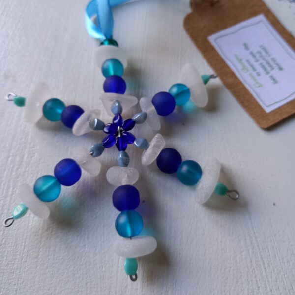 Sea Glass Bead Snowflake Decoration - Dark Blue