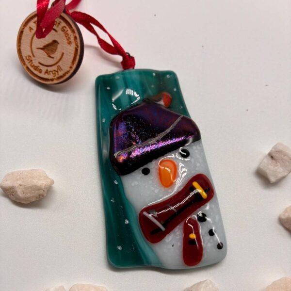 Fused Glass Snowman and Robin Decoration