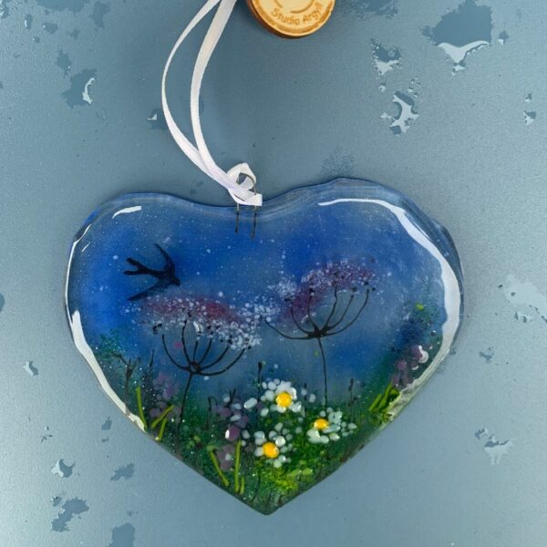 Fused Glass Meadow Flowers and Swallow Heart Decoration- No box