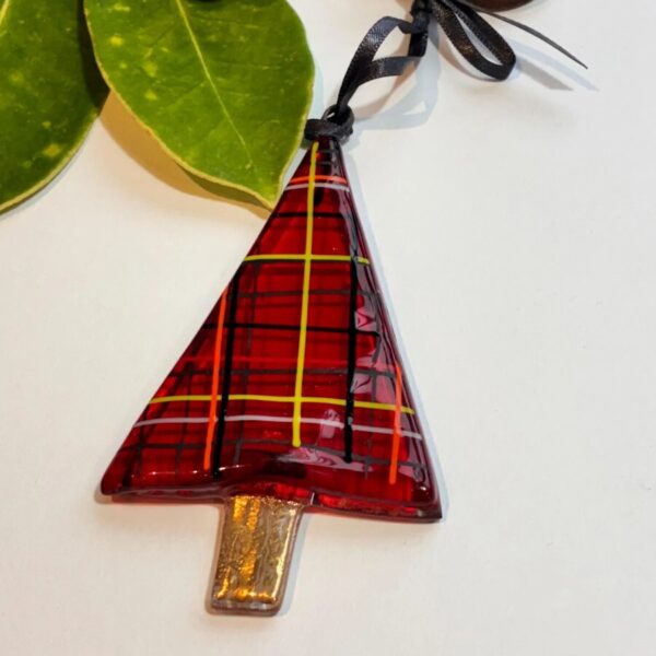 Fused Glass Red Scottish Tartan Tree Decoration