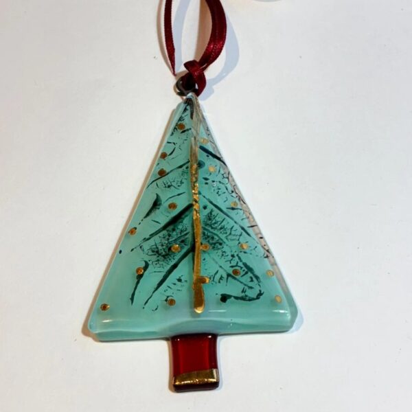 Fused Glass Teal Tree Decoration with Gold and Oak Print