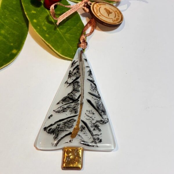 Fused Glass White Tree Decoration with Gold and Oak Print