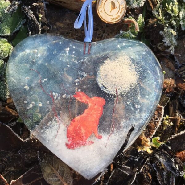 Fused Glass Winter Hare and Moon Heart Decoration - No box