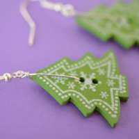 Christmas Tree Wooden Single Button Green Earrings thumbnail