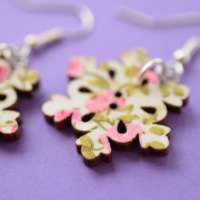 Pink & Green Floral Snowflake Wooden Single Button Earrings thumbnail