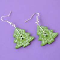 Christmas Tree Wooden Single Button Green Earrings thumbnail