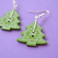 Christmas Tree Wooden Single Button Green Earrings thumbnail