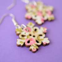 Pink & Green Floral Snowflake Wooden Single Button Earrings thumbnail