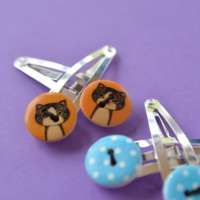 Two Pairs of Orange Cat & Blue Dot Button Hair Clips thumbnail