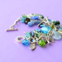 Blue & Green Button & Bead Woodland Themed Charm Bracelet thumbnail
