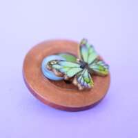Green, Blue & Brown Butterfly Wooden Button Brooch thumbnail