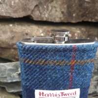 8oz Hip Flask with Blue Check Harris Tweed Sleeve thumbnail
