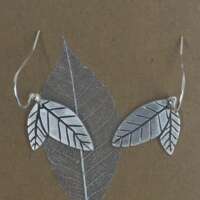 Silver Twin Leaves Earrings with Vein Detail thumbnail