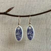 Blue and White Oval Flowers Ceramic Earrings thumbnail