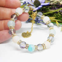 Dragon's Vein Agate and Faceted Glass Memory Wire Bracelet thumbnail