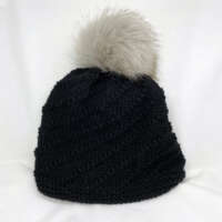 Black Spiral Knit Wool Hat with Faux Fur Pom Pom thumbnail